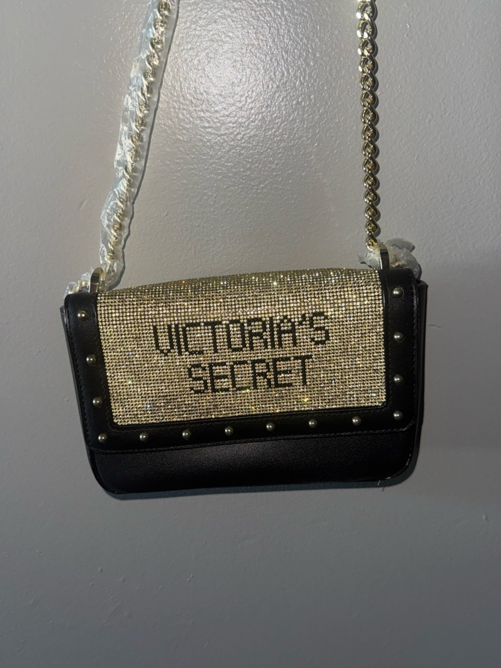 Victoria's Secret Black and Gold Rhinestone Logo Crossbody Bag